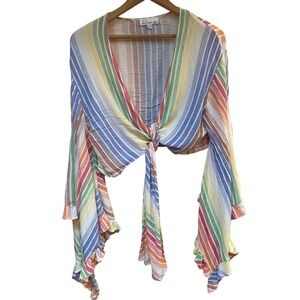 HOT & DELICIOUS Womens Striped Tie Front Bell‎ Sleeve Crop Top Medium